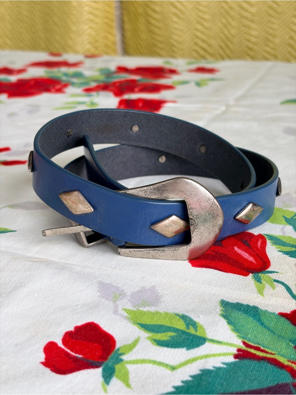 Isabel Marant Blue Leather Studded Belt with Silver-Tone Buckle